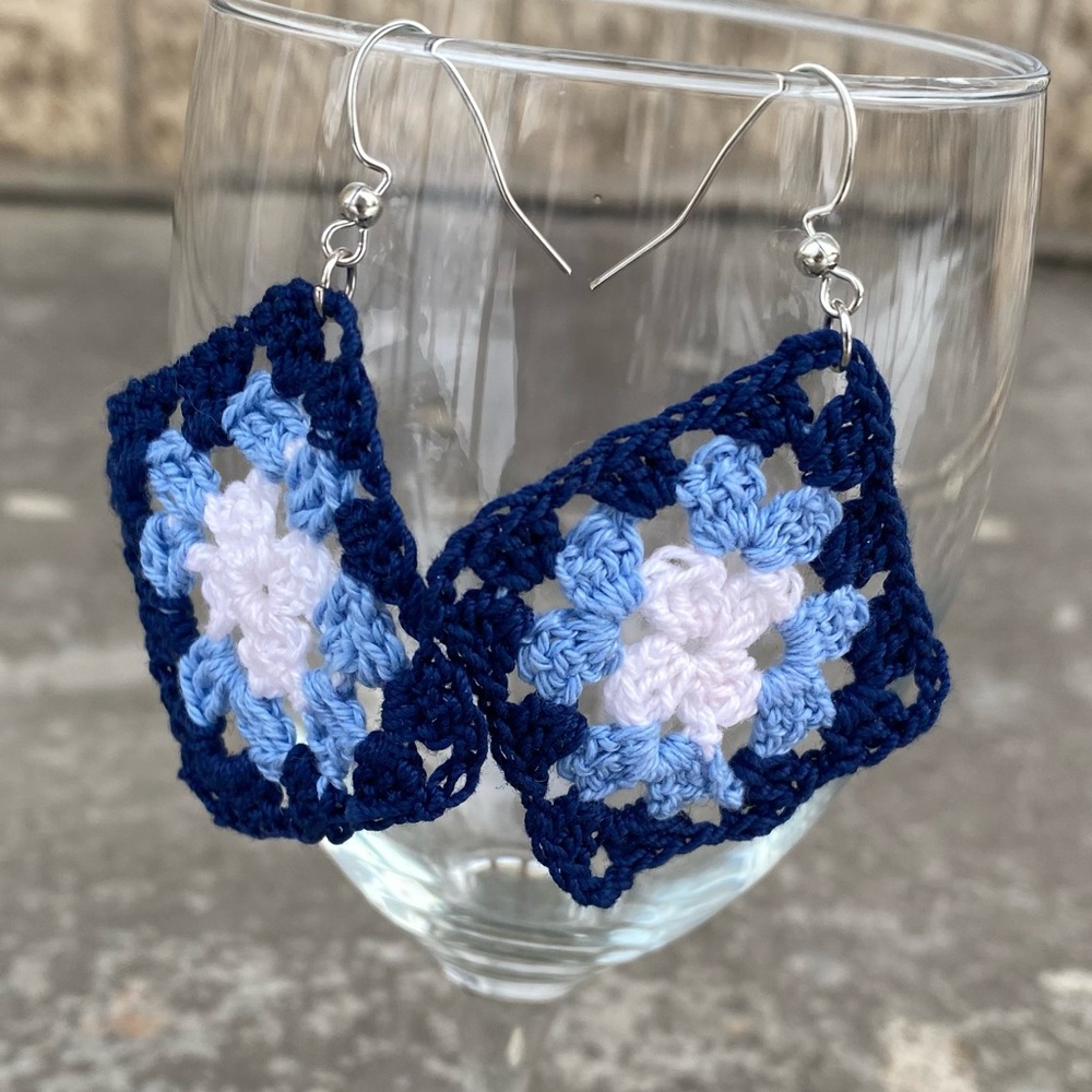 Blue Crochet Granny Square Earrings - Picture 6 of 7